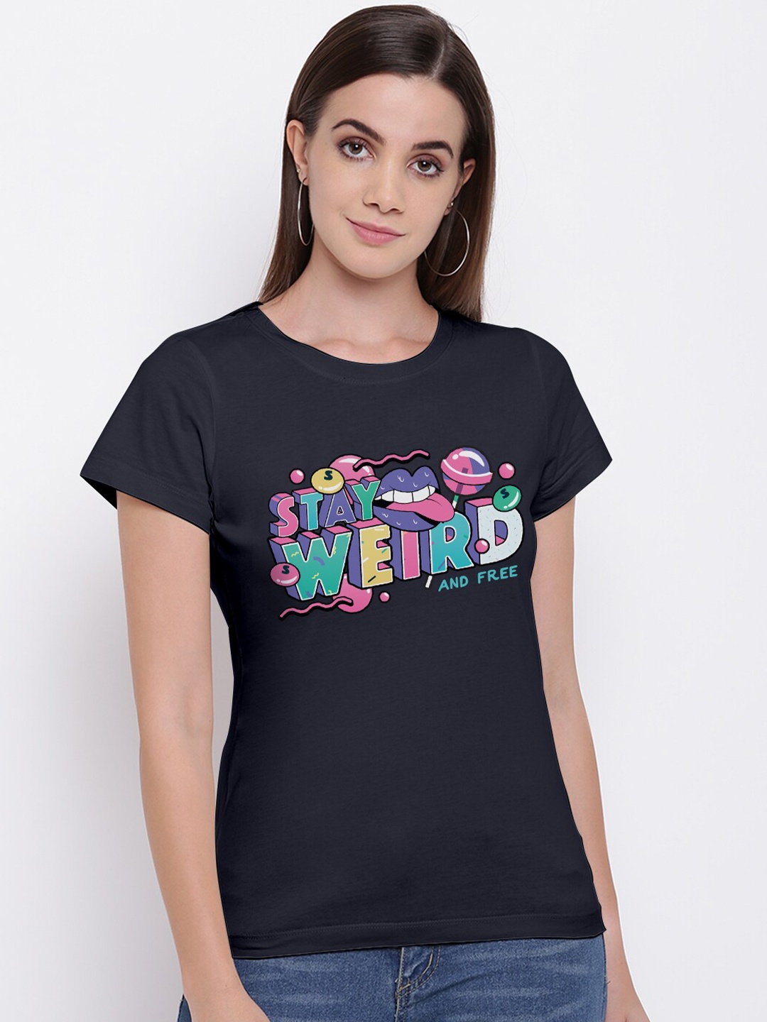

THREADCURRY Women Dark Navy Blue Typography Printed T-shirt