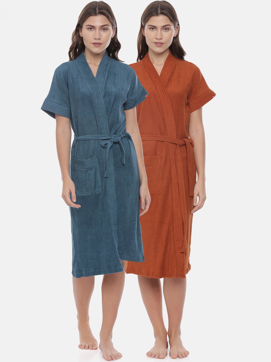 

GOLDSTROMS Women Pack Of 2 Brown & Blue Solid Cotton Bath Robes