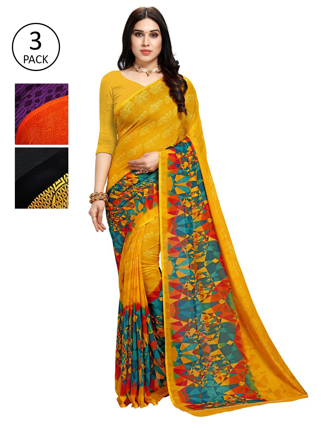 

KALINI Pack Of 3 Multicoloured Printed Sarees, Orange