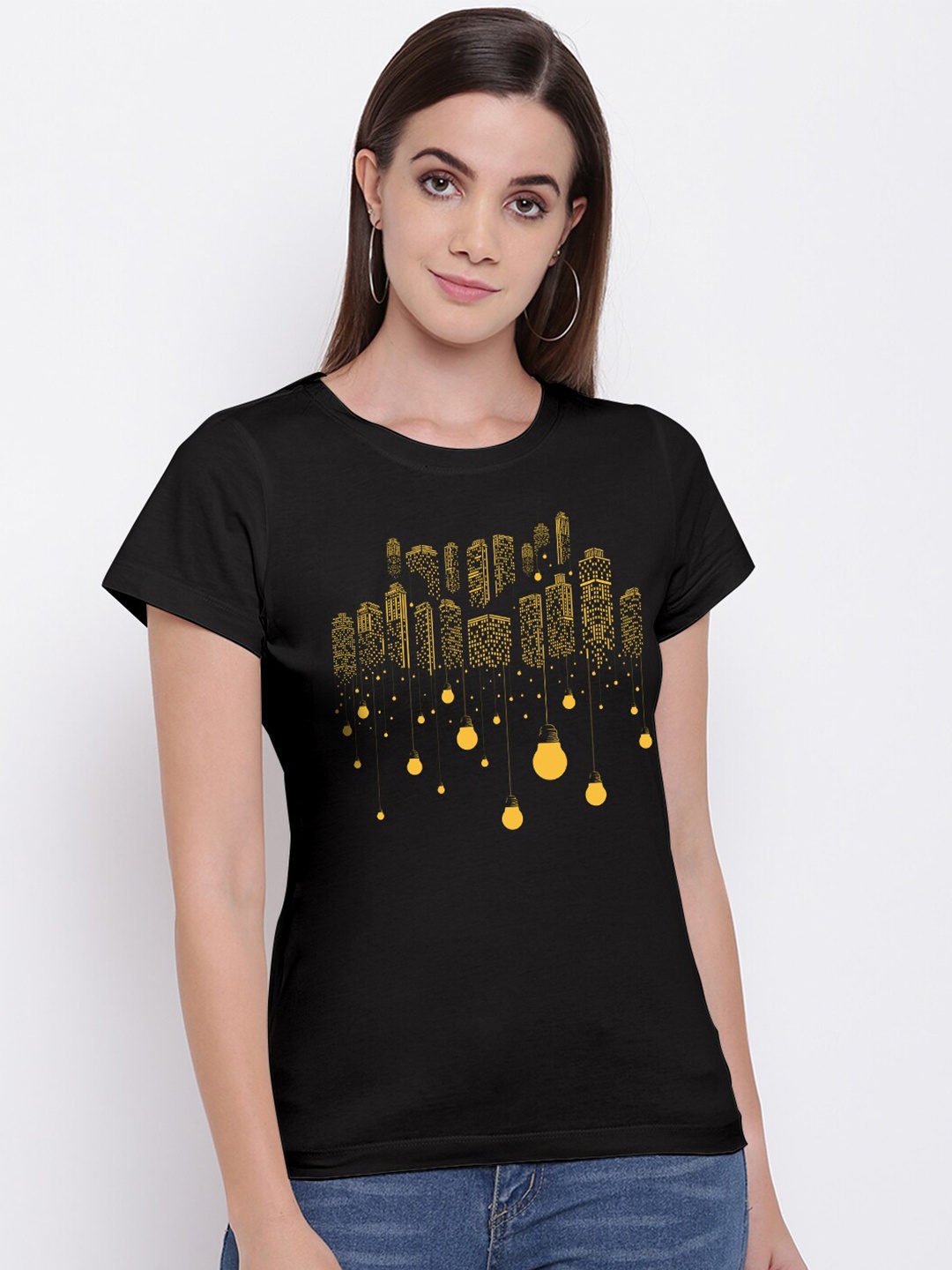 

THREADCURRY Women Black Graphic Printed Round Neck Pure Cotton T-shirt