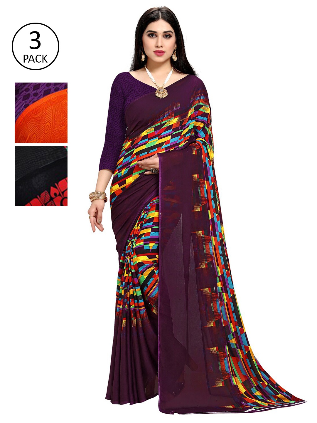 KALINI Pack Of 3 Printed Saree, Purple