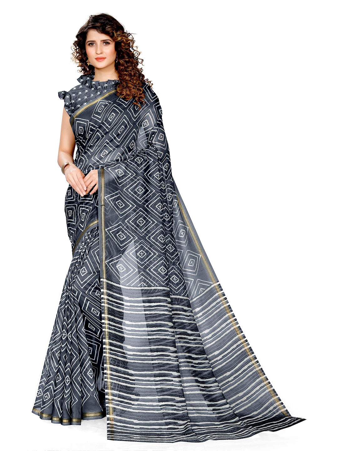 

KALINI Grey & White Geometric Printed Saree
