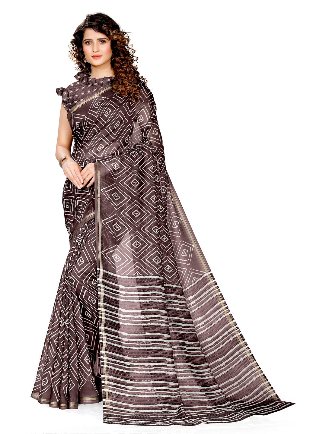 

KALINI Purple & White Geometric Printed Saree