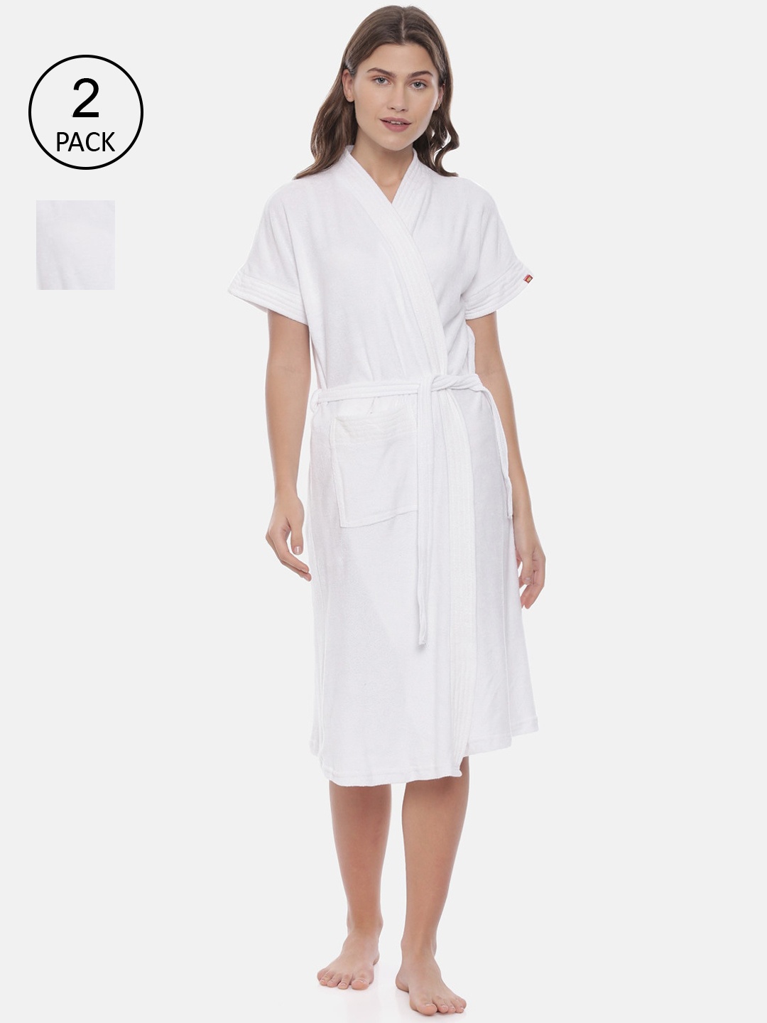

GOLDSTROMS Women Pack Of 2 White Solid Cotton Bath Robe