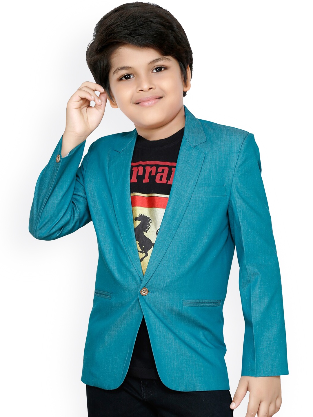 

RIKIDOOS Boys Turquoise Blue Solid Comfort-Fit Single-Breasted Cotton Blazer
