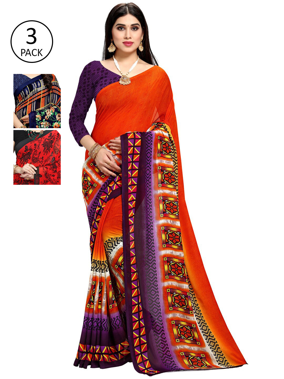 

KALINI Pack Of 3 Printed Sarees, Orange