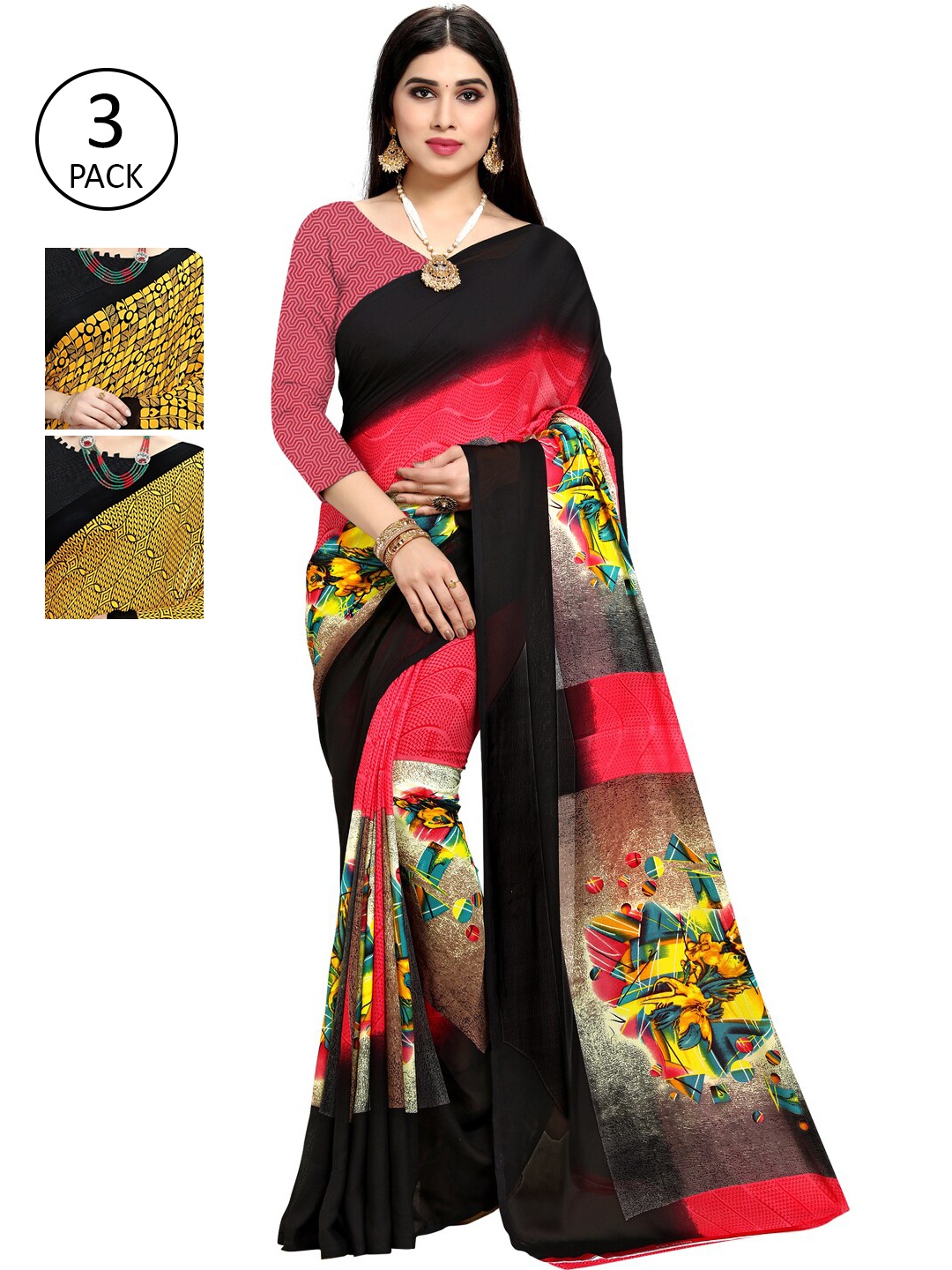 

KALINI Pack Of 3 Printed Sarees, Yellow