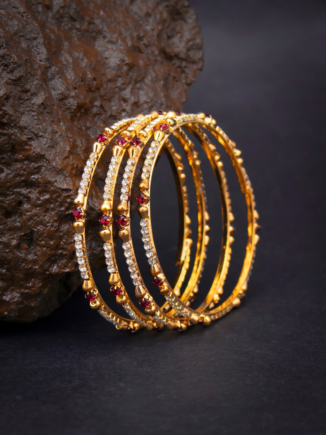 

Sukkhi Set Of 4 Gold-Plated White & Red Austrian Diamond-Studded Bangles