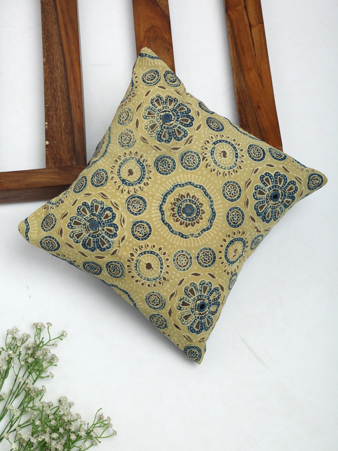 

Fabindia Yellow & Blue Ethnic Motifs Square Cushion Cover