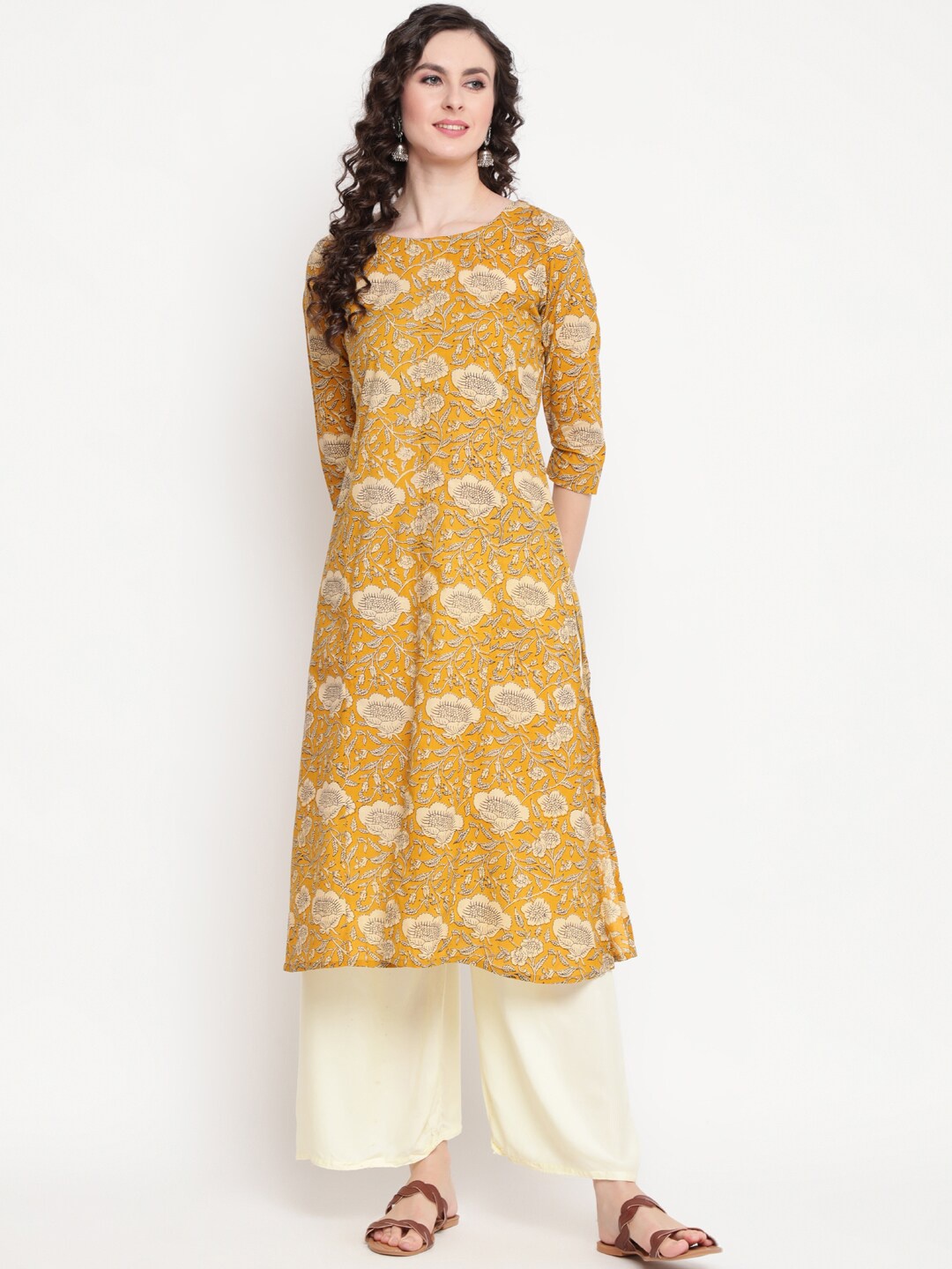 

GULMOHAR JAIPUR Women Mustard Yellow Floral Flared Kurta