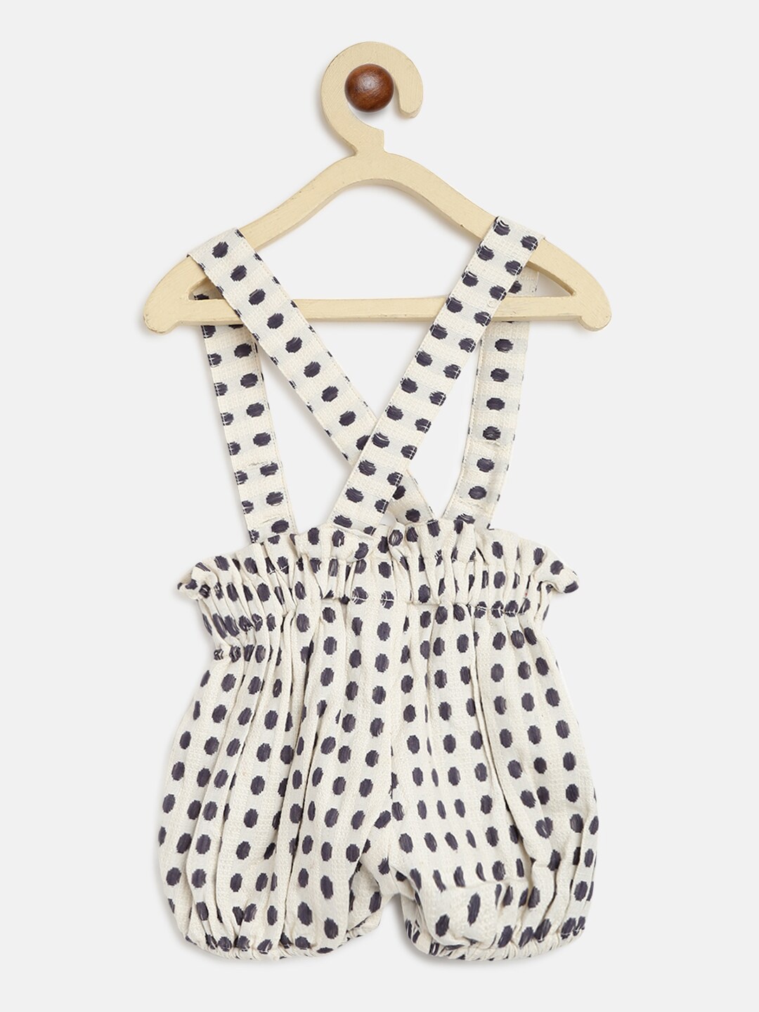 

Kids On Board Infant Girls White & Black Dot Printed Cotton Dungarees