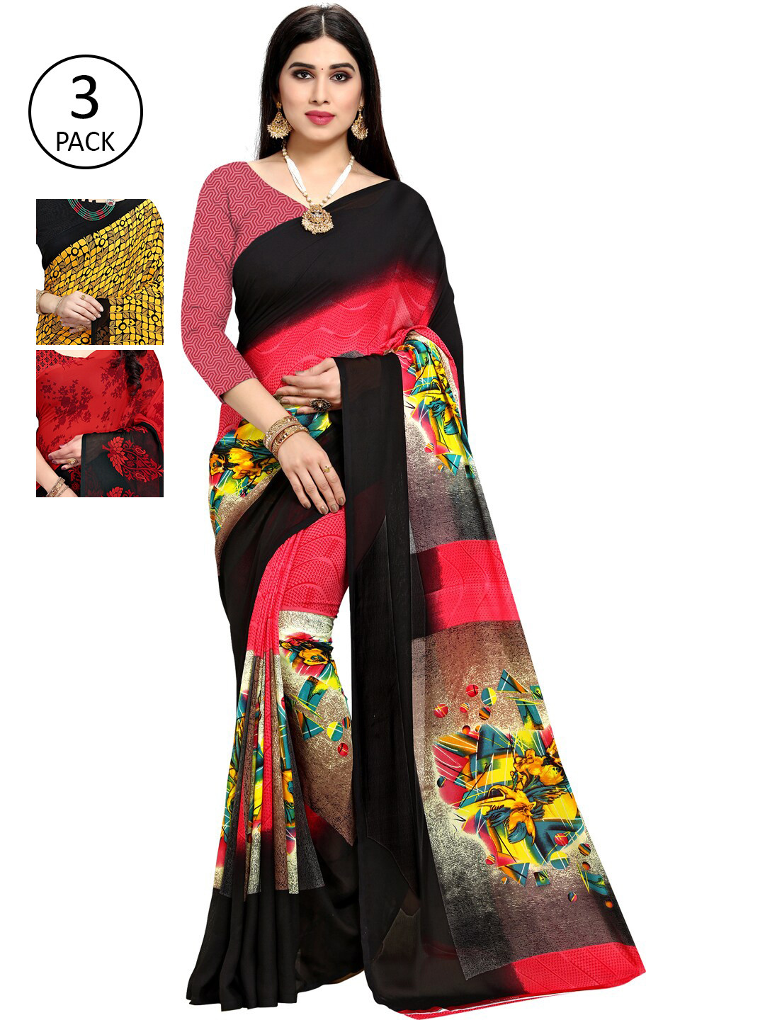 

KALINI Pack Of 3 Multicoloured Printed Sarees, Red