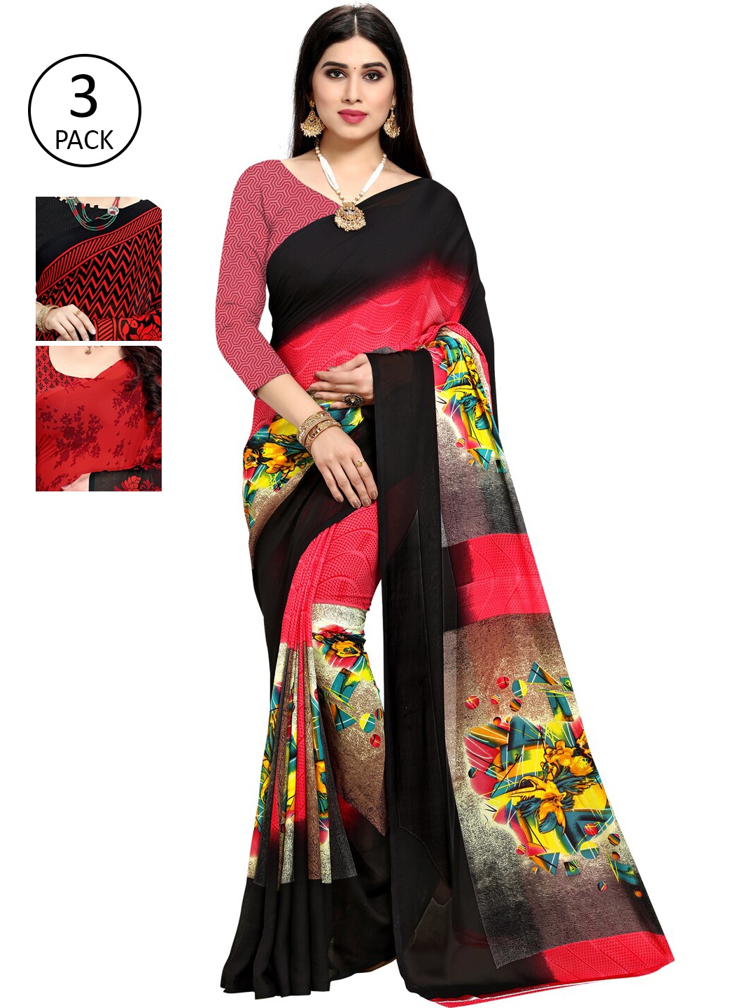 

KALINI Pack Of 3 Printed Sarees, Red