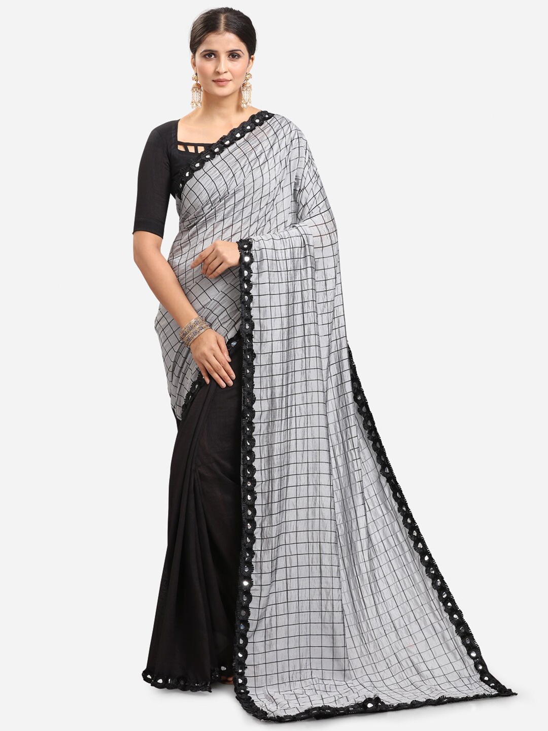 

KALINI Grey & Black Checked Silk Blend Half and Half Mysore Silk Saree