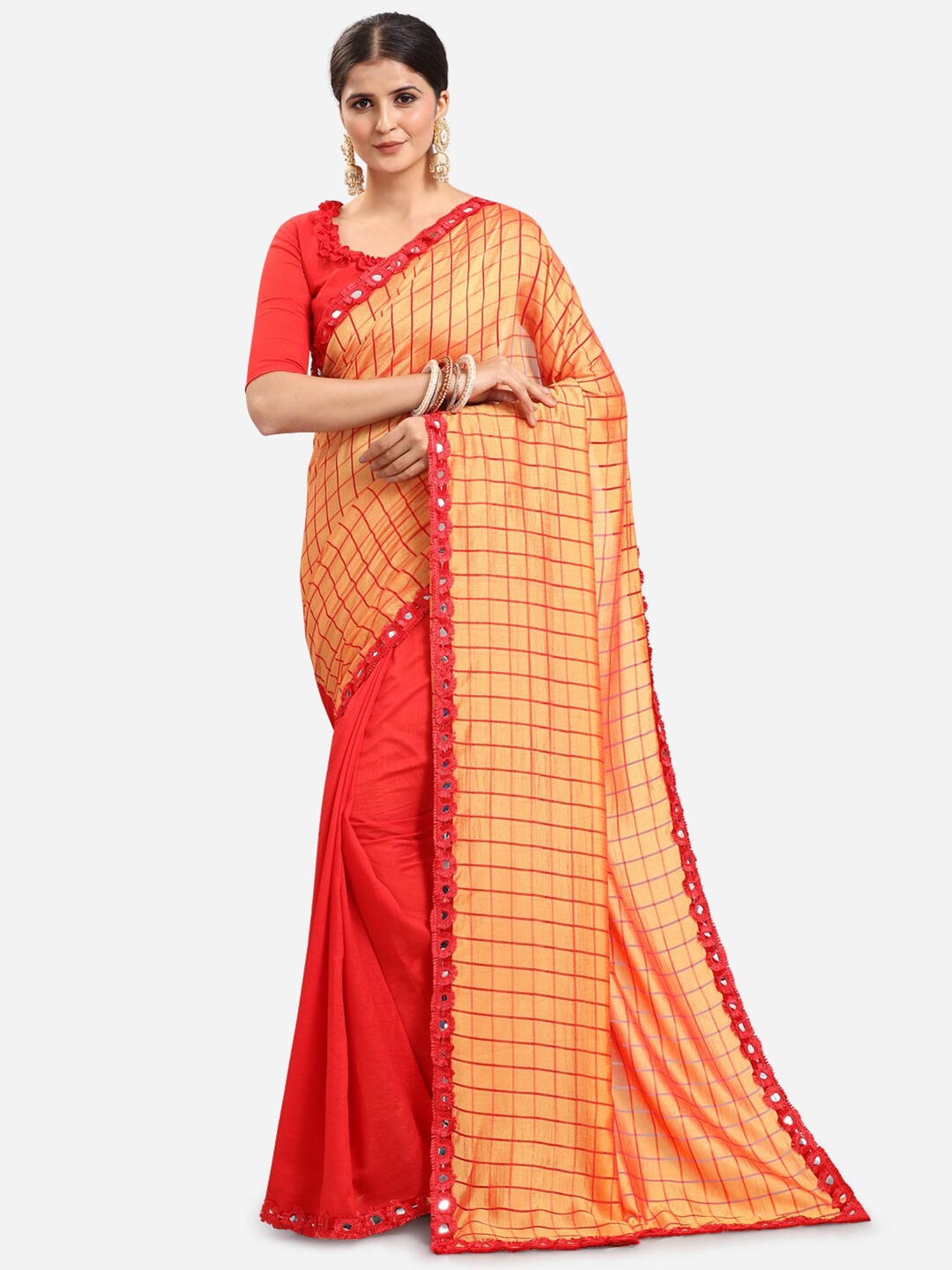 

KALINI Yellow & Orange Checked Mirror Work Silk Blend Half and Half Mysore Silk Saree