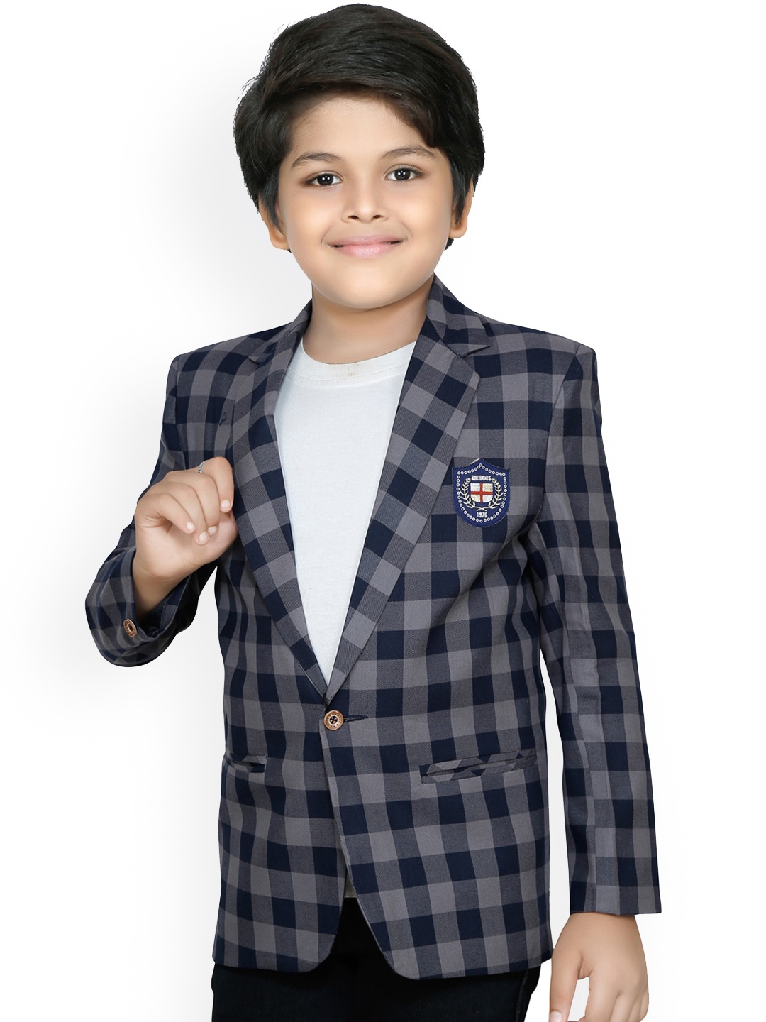 

RIKIDOOS Boys Navy Blue & Grey Checked Comfort-Fit Single-Breasted Cotton Blazer