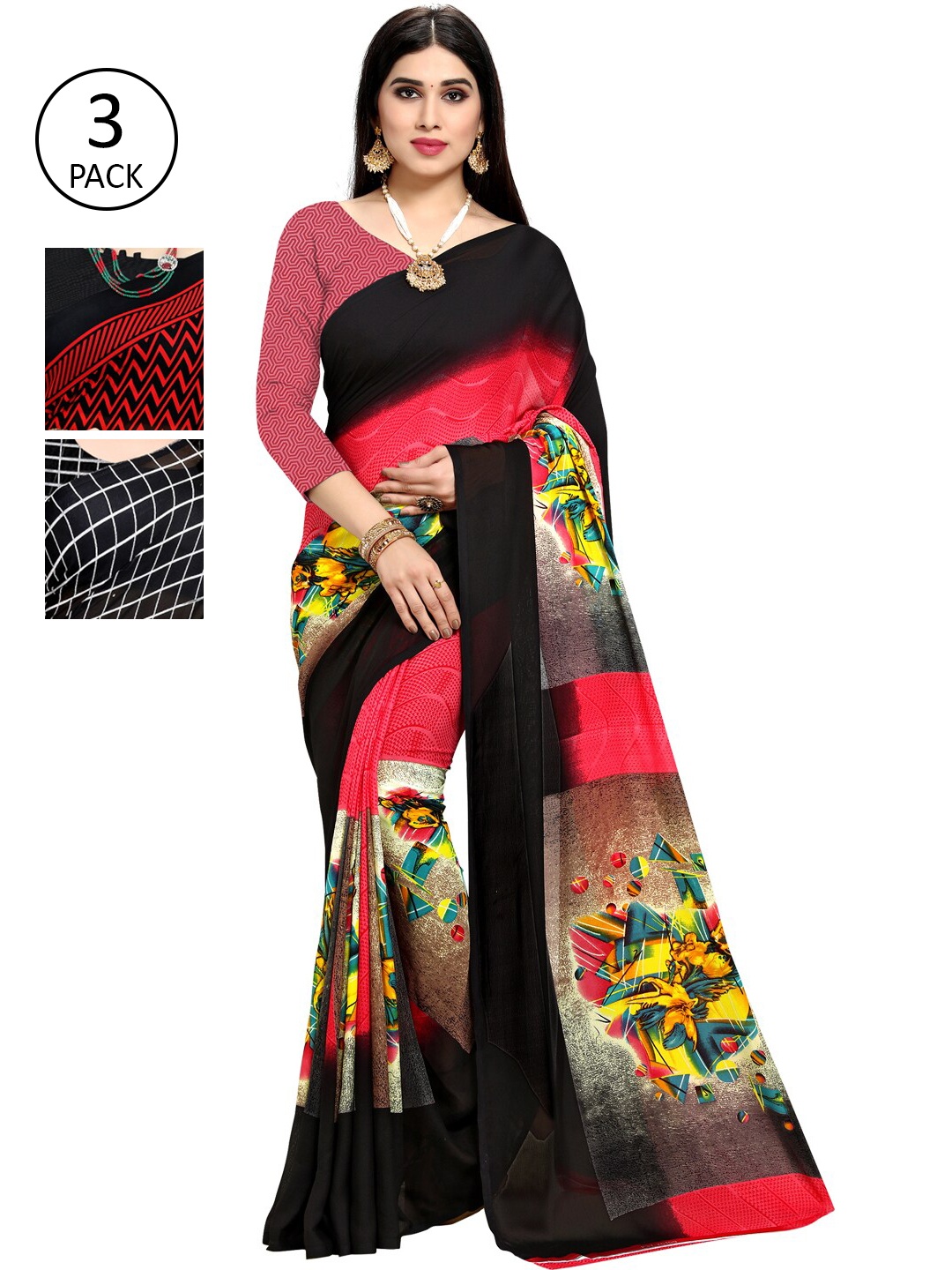 

KALINI Set of 3 Pink & Grey Printed Sarees
