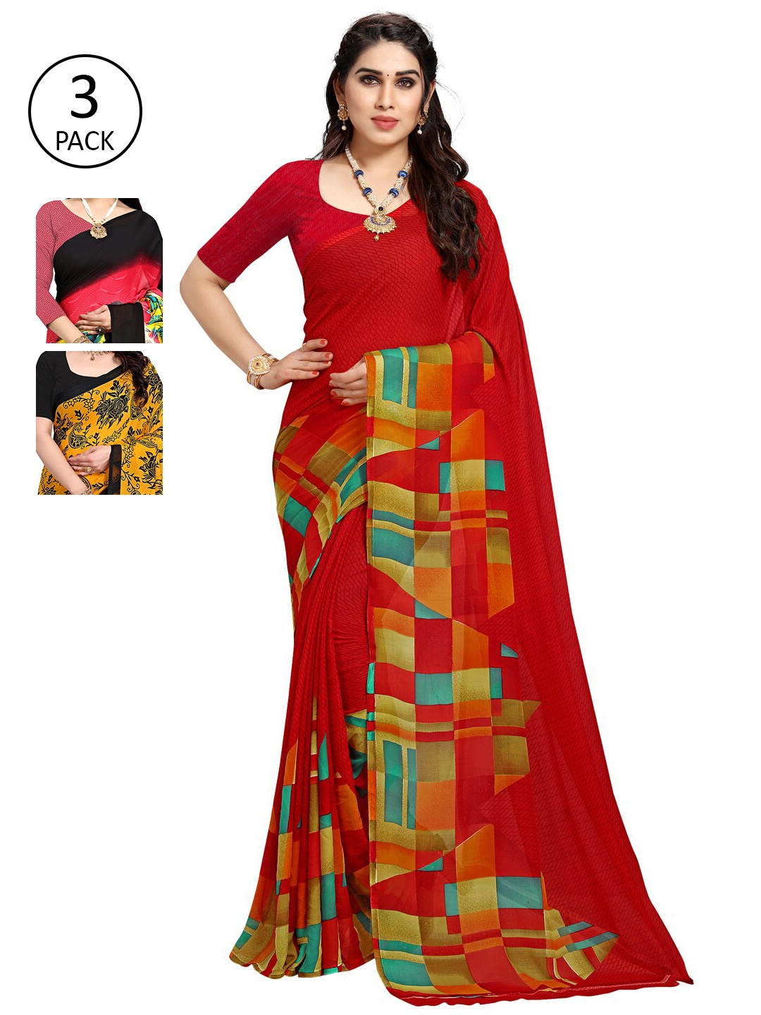

KALINI Women Pack Of 3 Printed Saree, Red