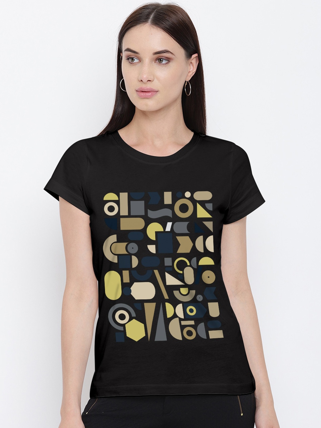 

THREADCURRY Women Black Abstract Print T-shirt