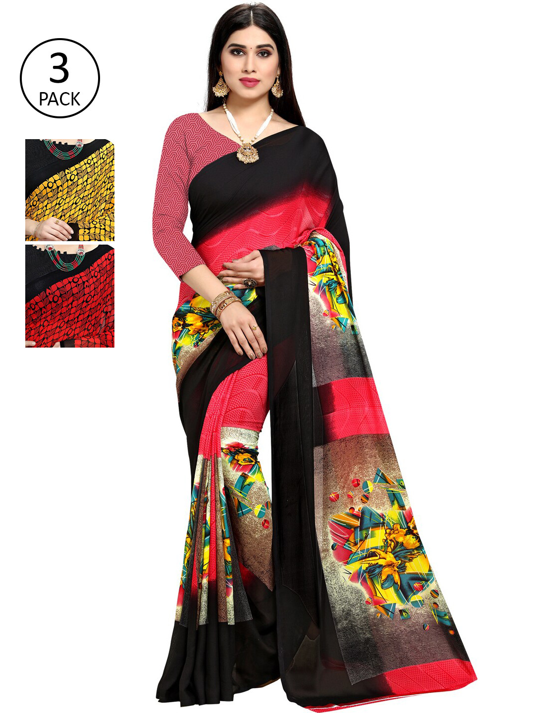 

KALINI Multicoloured Set of 3 Poly Georgette Saree, Multi