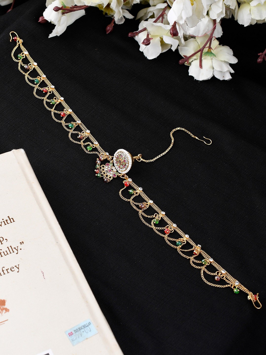 

Silvermerc Designs Gold & Multicolor Gold-Plated Stone-Studded Vanshika Mathapatti Borla