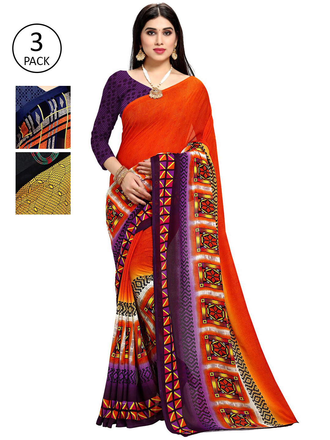 

KALINI Set of 3 Yellow & Orange Printed Sarees