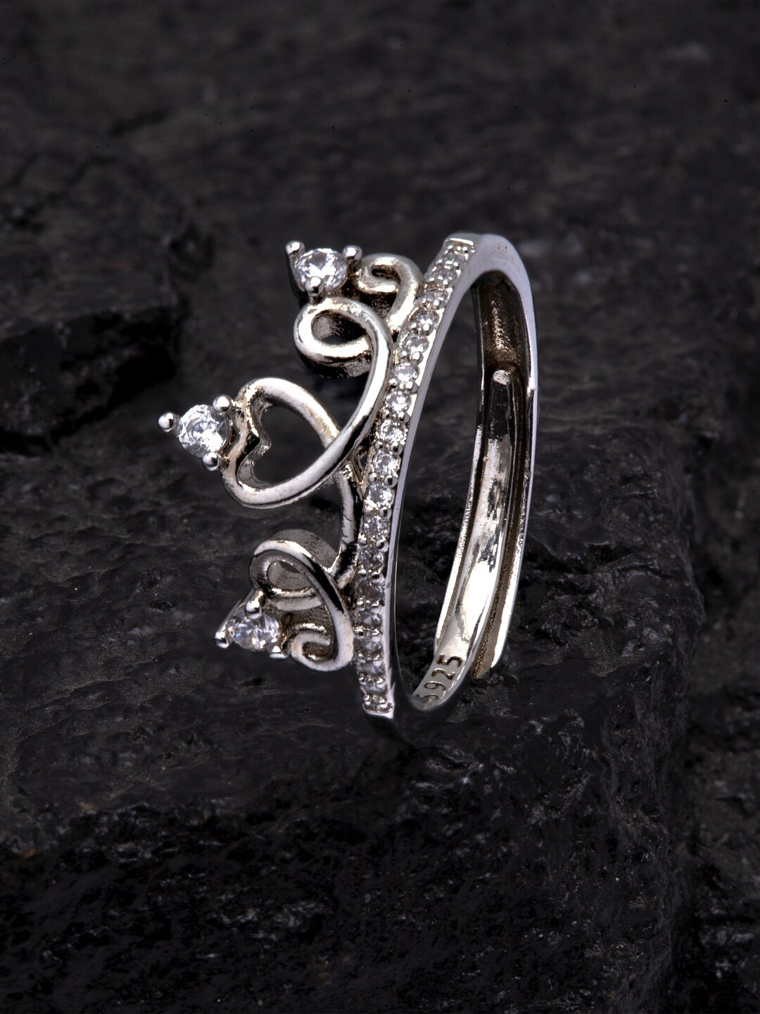 

Ferosh Silver-Toned & White Stone-Studded Adjustable Finger Ring