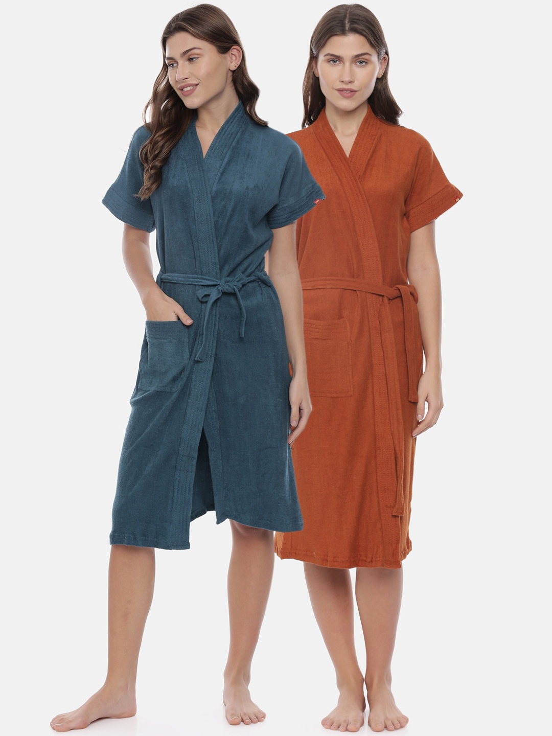 

GOLDSTROMS Women Pack Of 2 Blue & Brown Solid Cotton Bath Robes