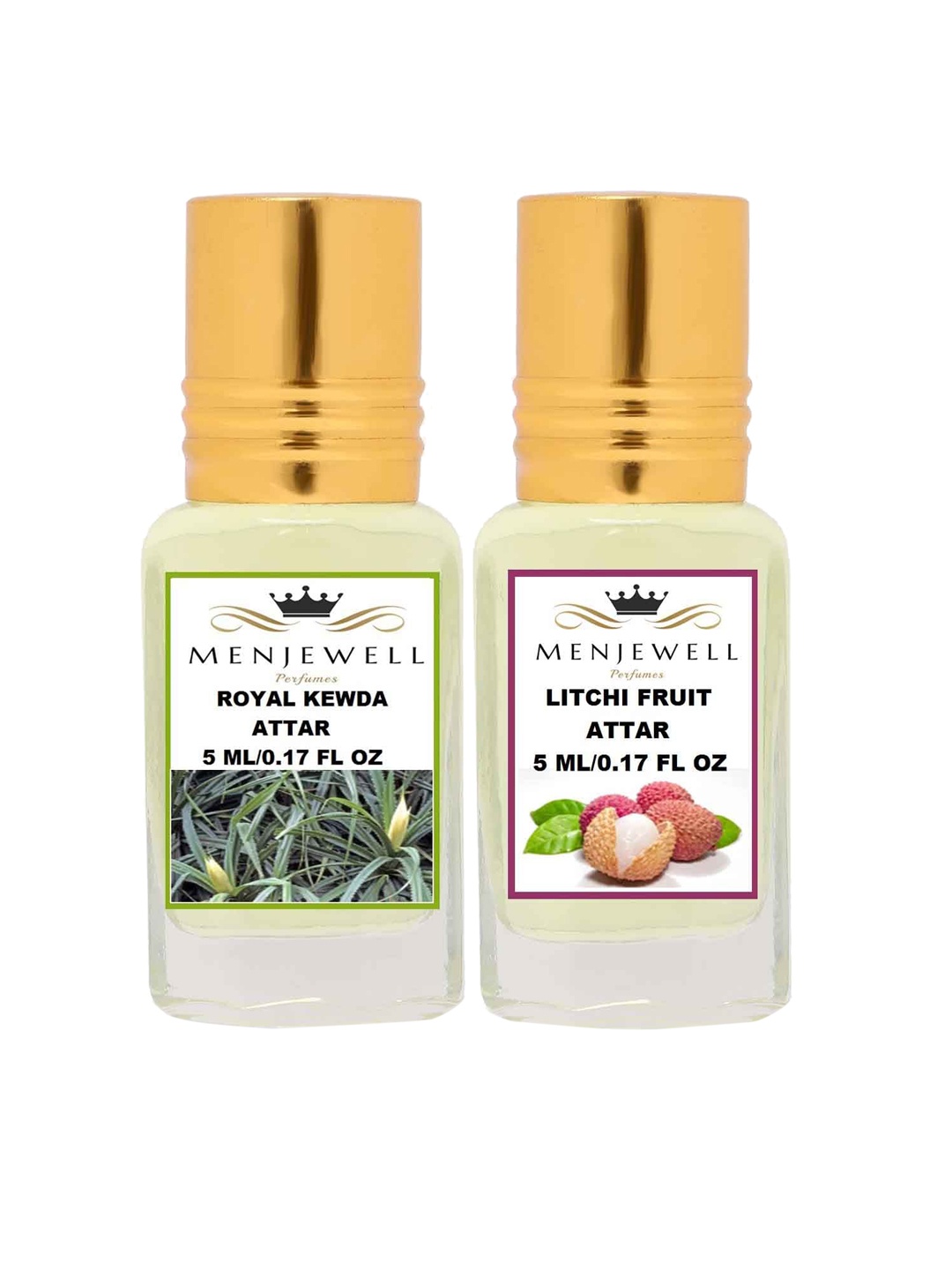 

Menjewell Pack of 2 Attar - Royal Kewda & Litchi Fruit Attar 5ml Each, Yellow