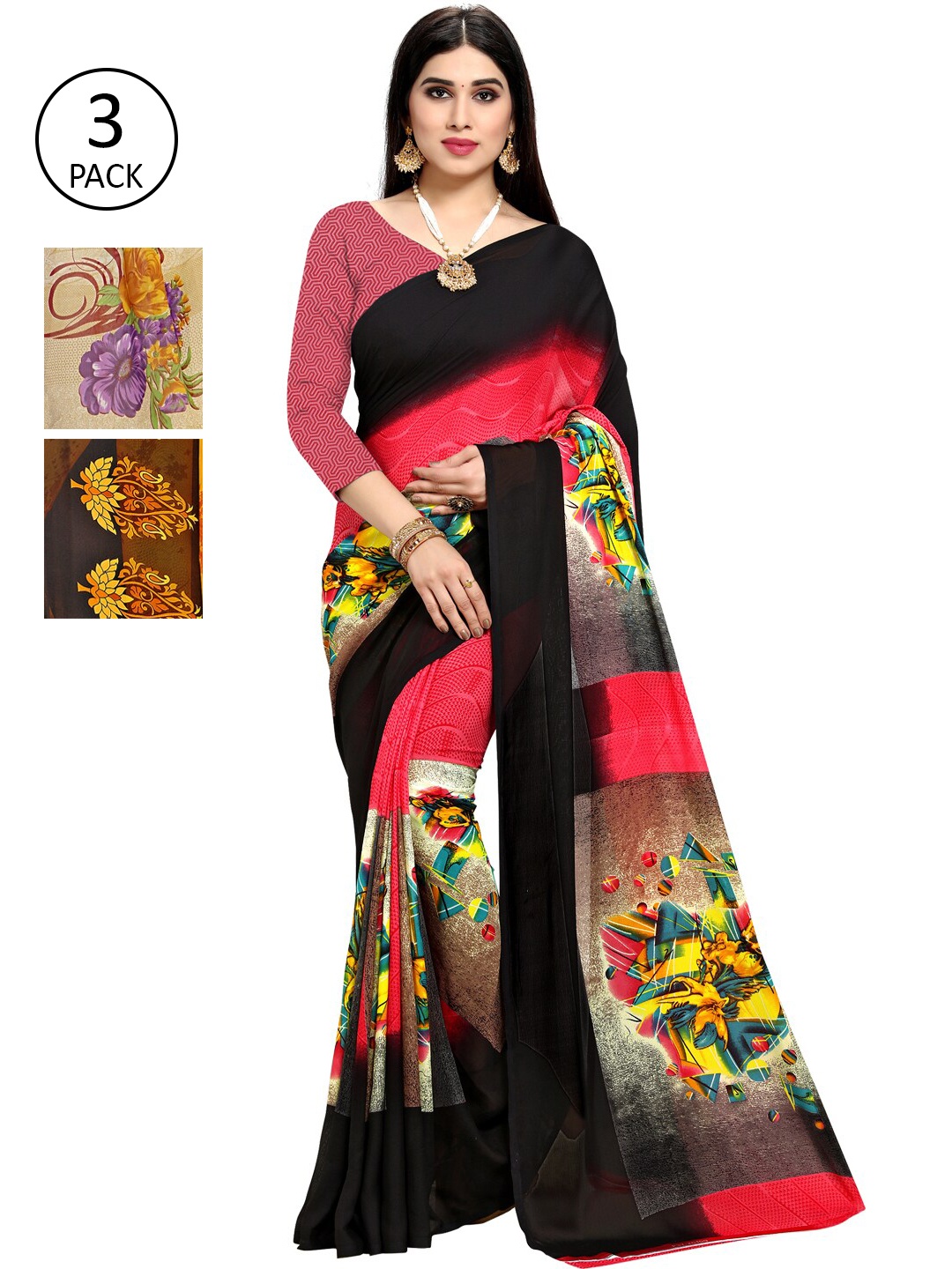 

KALINI Pack of 3 Yellow & Pink Printed Poly Georgette Sarees