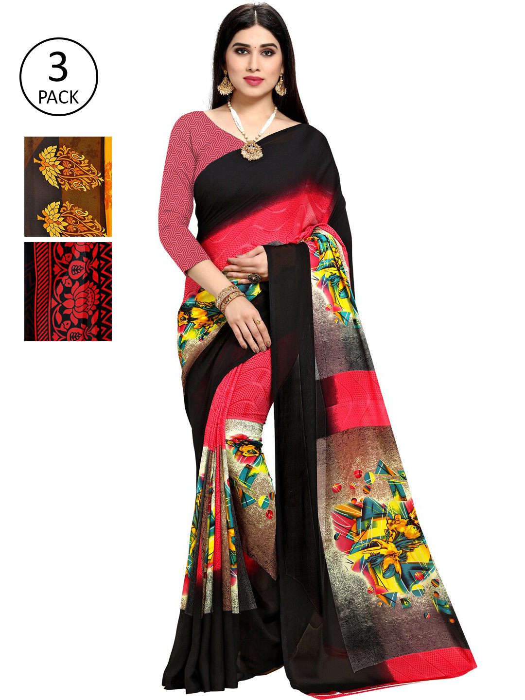 

KALINI Pack of 3 Black & Red Printed Poly Georgette Sarees