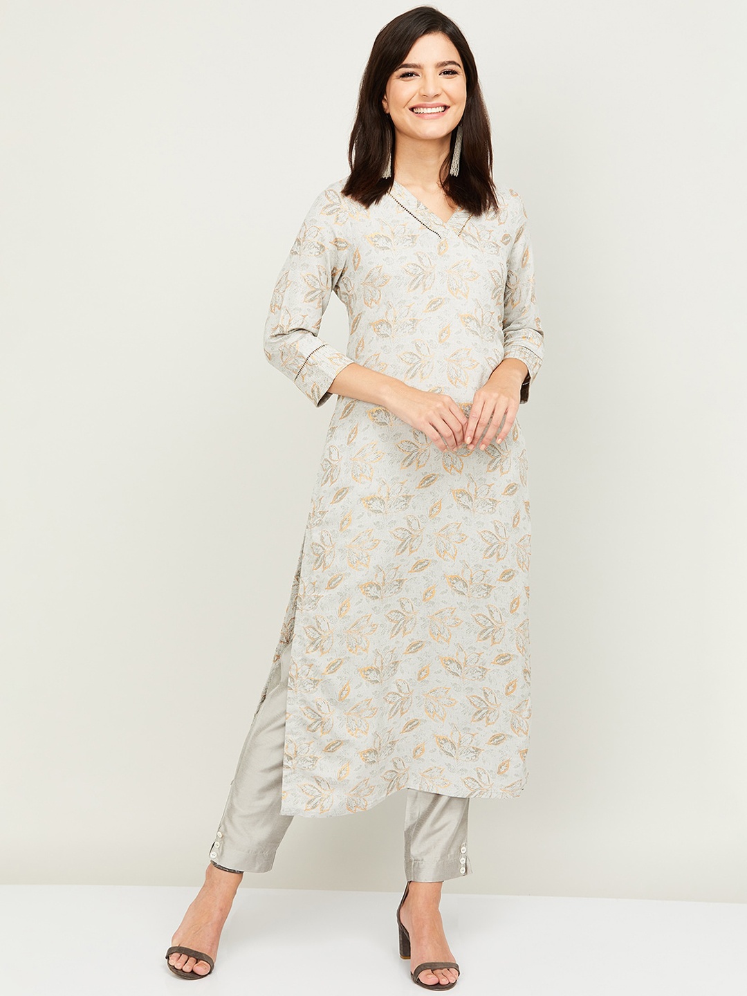 

Melange by Lifestyle Women Grey Leaf Printed Straight Kurta