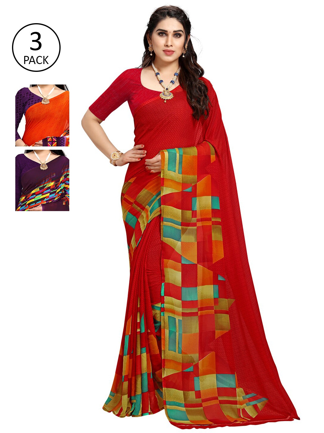 

KALINI Pack Of 3 Multicoloured Printed Sarees, Purple