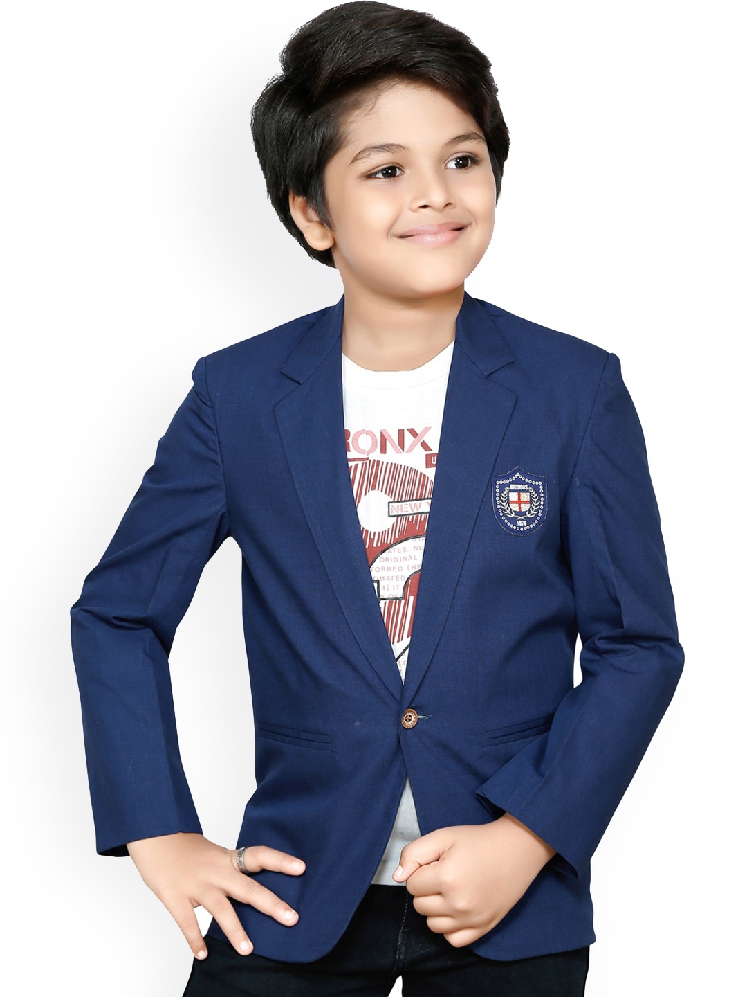 

RIKIDOOS Boys Navy Blue Solid Comfort-Fit Cotton Single-Breasted Casual Blazer