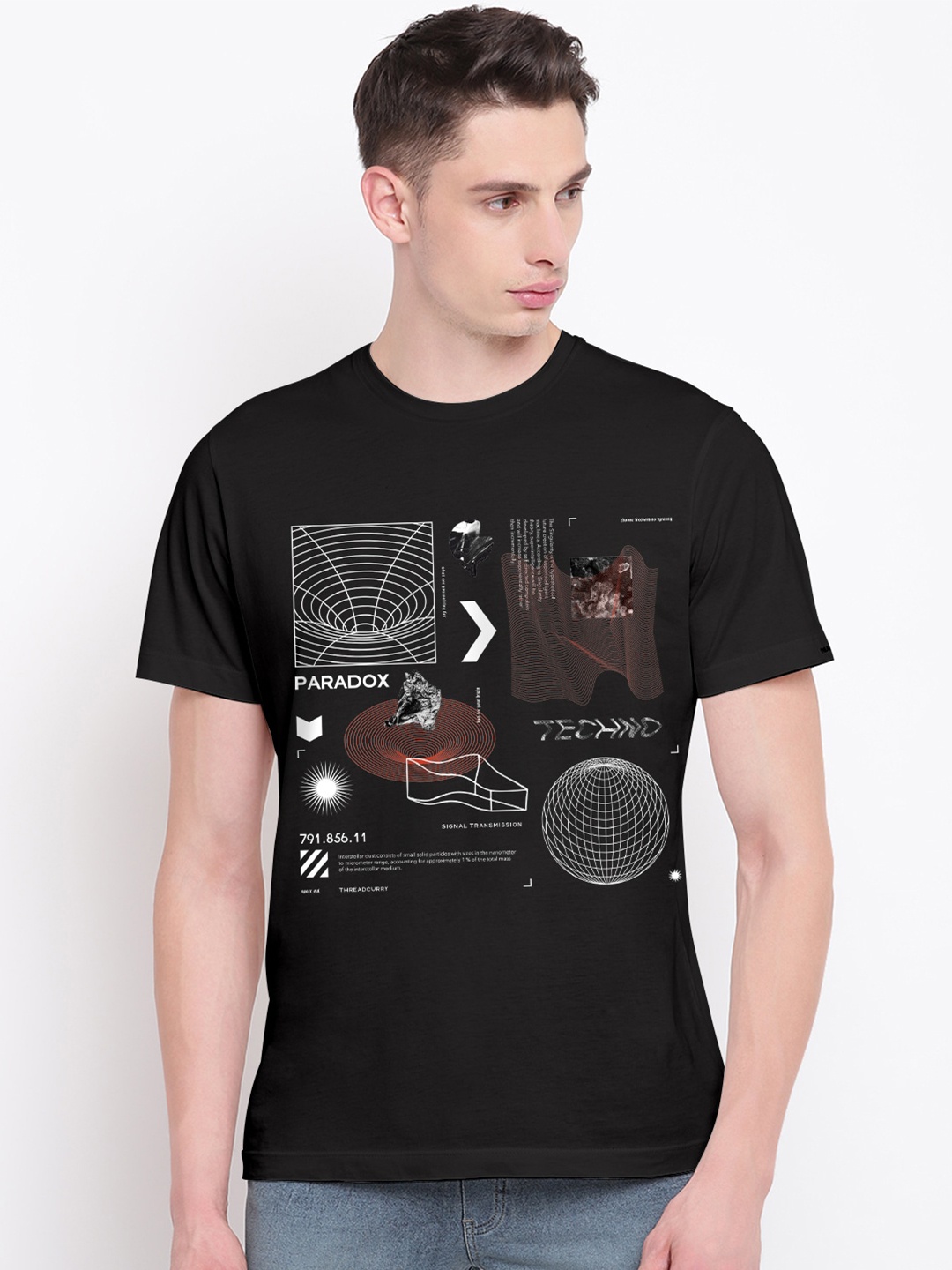 THREADCURRY Men Black Techno Trance Graphic Printed T-shirt