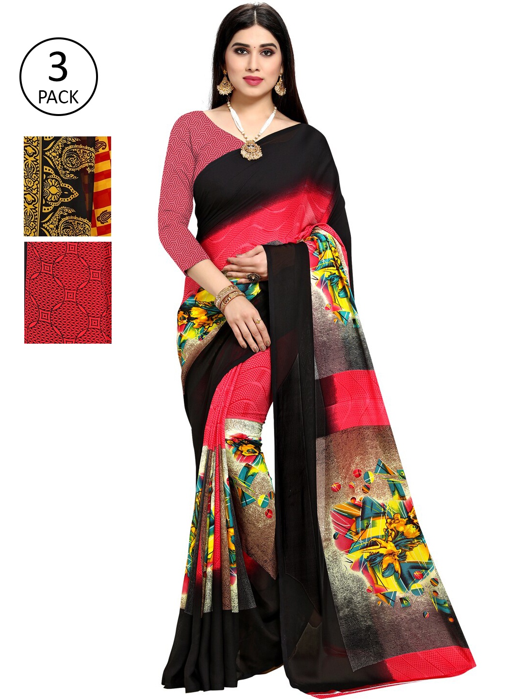 

KALINI Multicoloured Set of 3 Poly Georgette Saree, Multi
