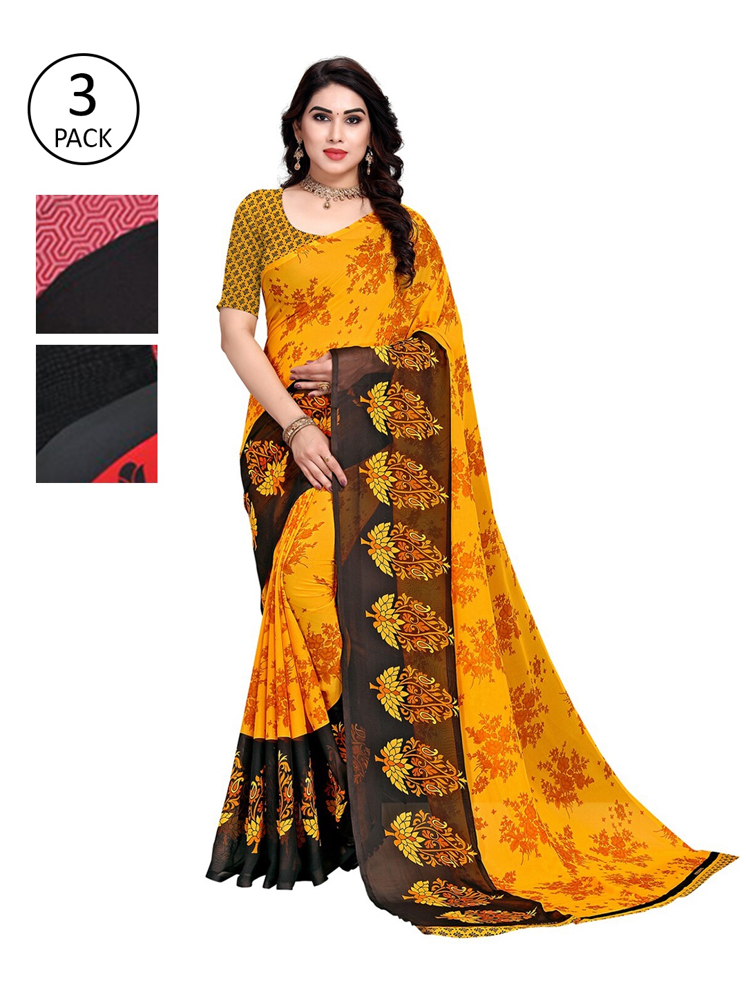 

KALINI Pack Of 3 Printed Saree, Red