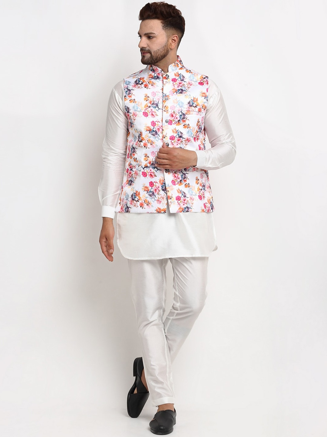 

Benstoke Men White Dupion Silk Kurta & Pyjamas with Nehru Jacket