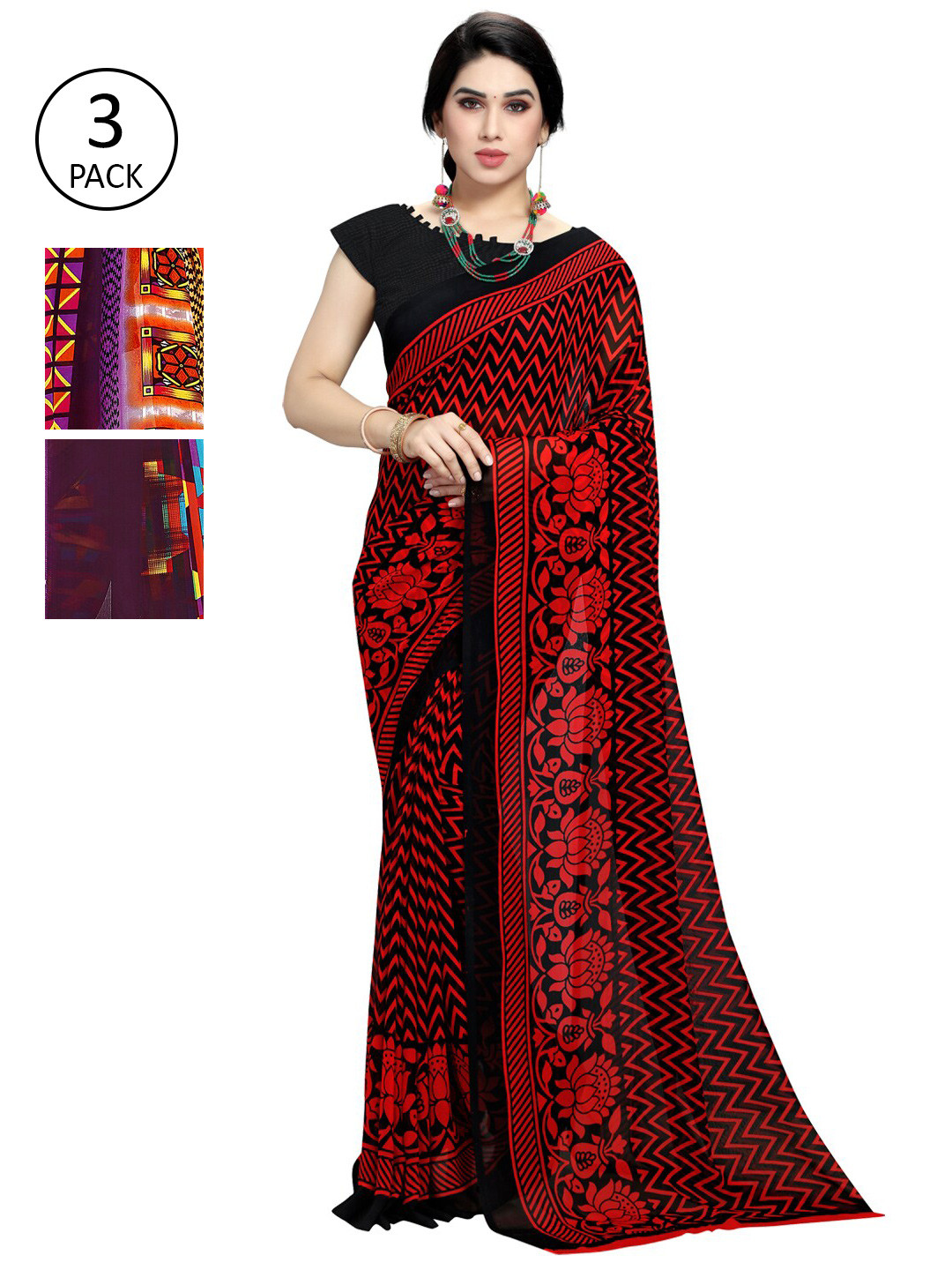 

KALINI Set of 3 Orange & Red Printed Sarees