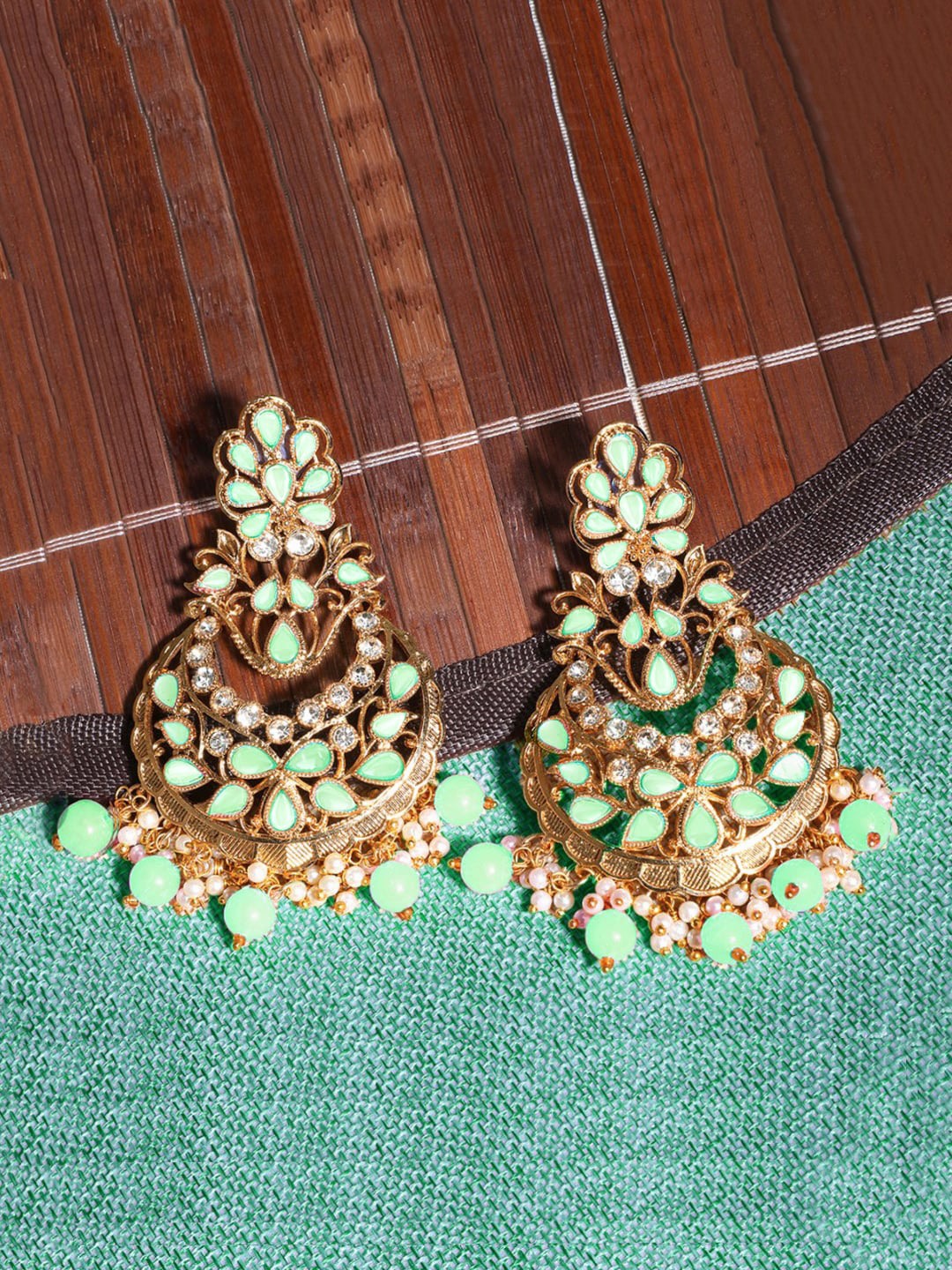 Yellow Chimes Gold and Green Contemporary Gold-Plated Handcrafted Chandbalis Earrings