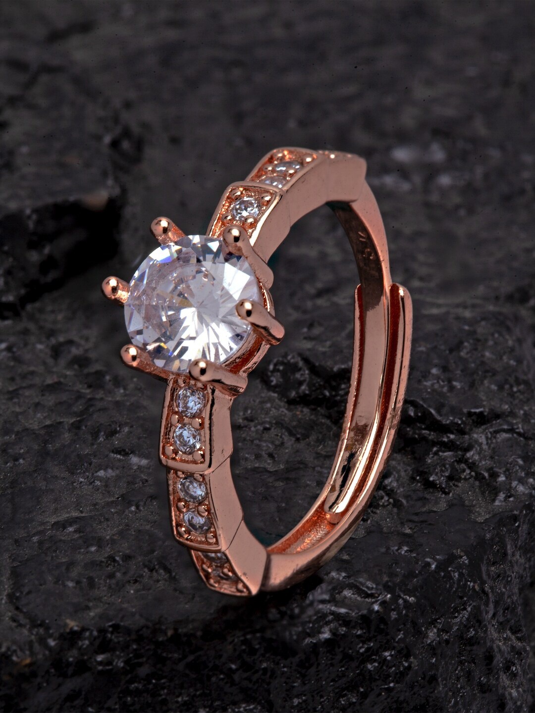 

Ferosh Rose Gold-Toned & White Stone-Studded Adjustable Finger Ring