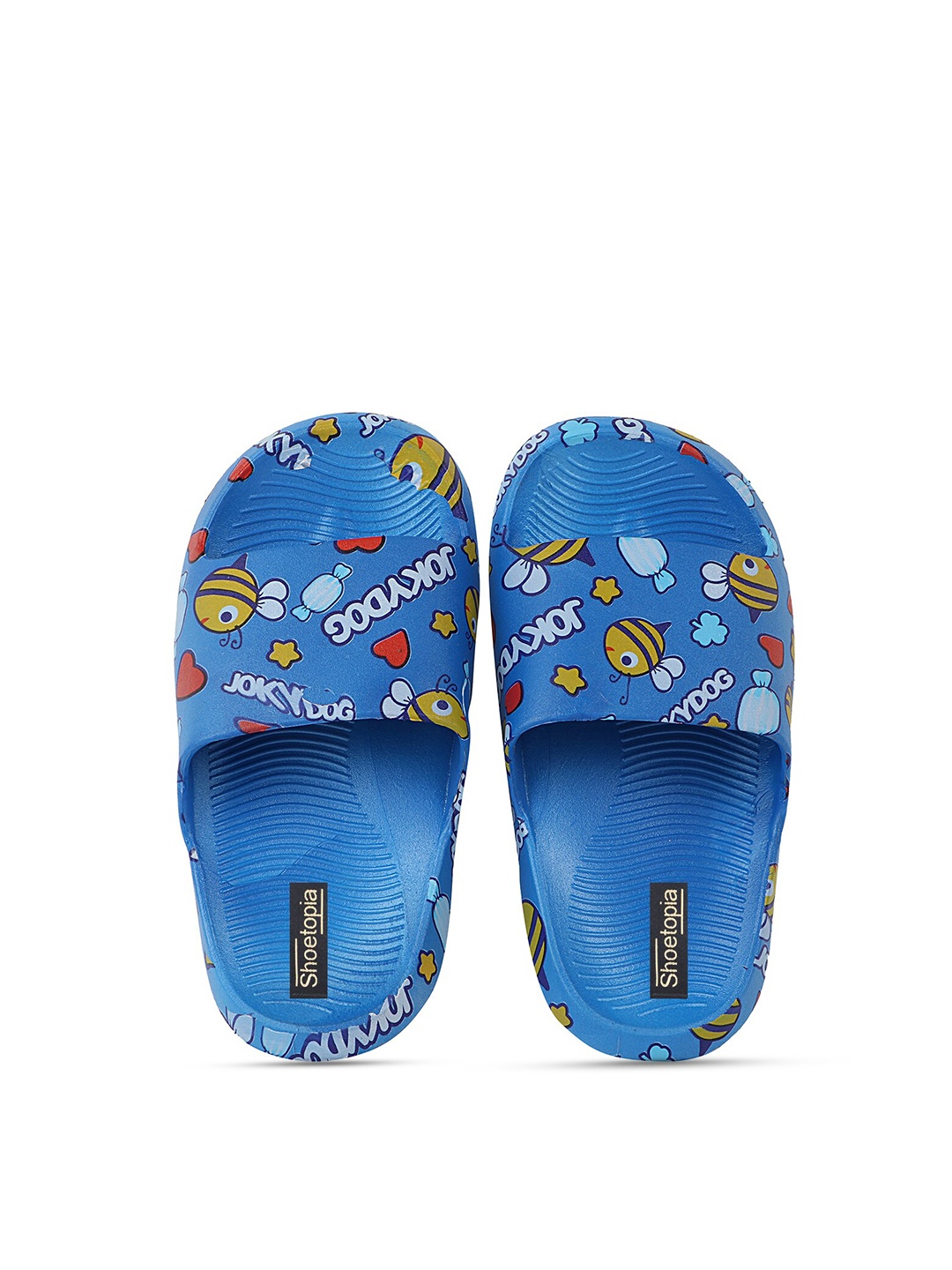 

Shoetopia Boys Blue & Yellow Printed Rubber Sliders
