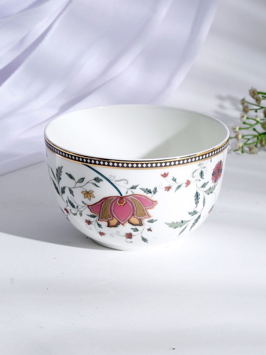 

Fabindia White & Pink 1 Piece Printed Bone China Matte Bowl