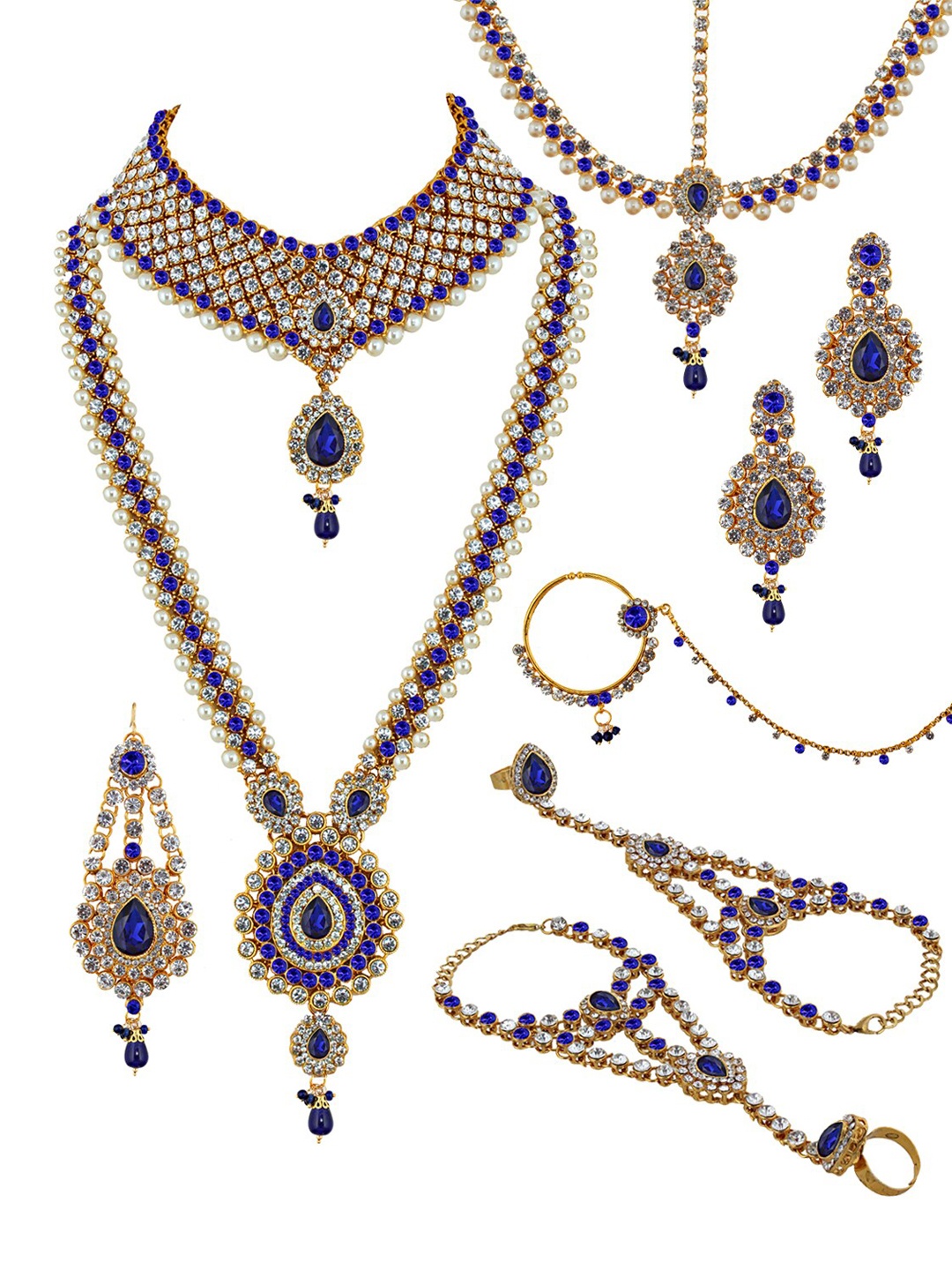 LUCKY JEWELLERY 18K Gold-Plated Blue CZ-Studded & Beaded Handcrafted Jewellery Set