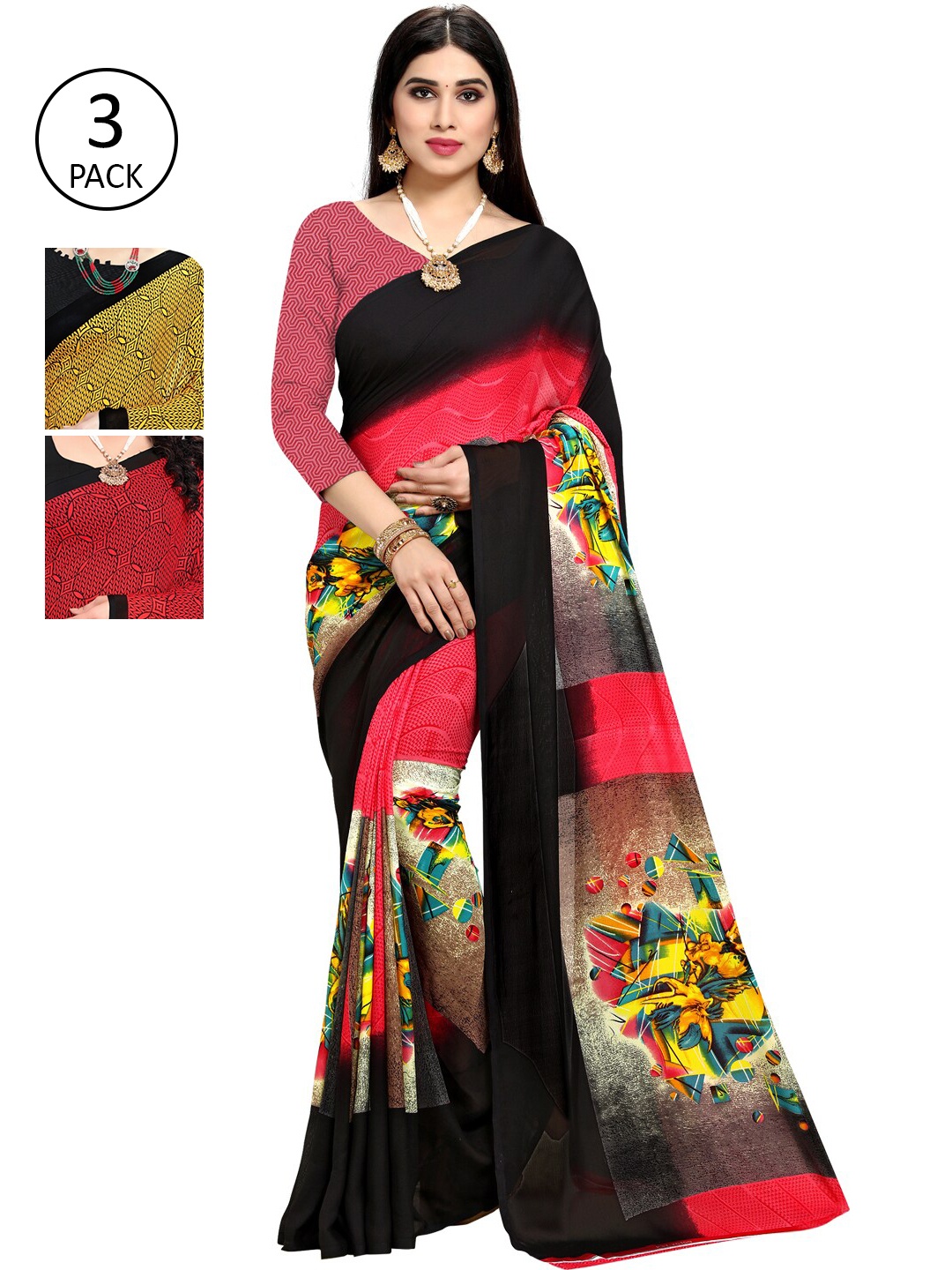 

KALINI Multicoloured Set of 3 Poly Georgette Saree, Multi