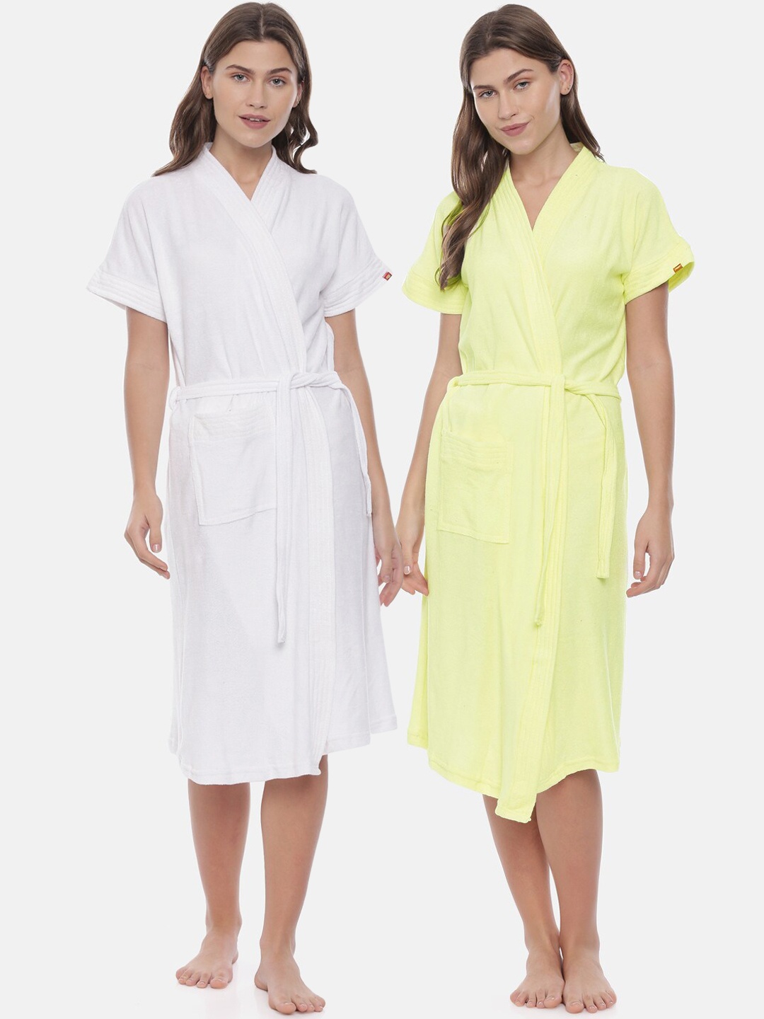 

GOLDSTROMS Women Pack Of 2 Yellow & White Solid Cotton Bath Robes