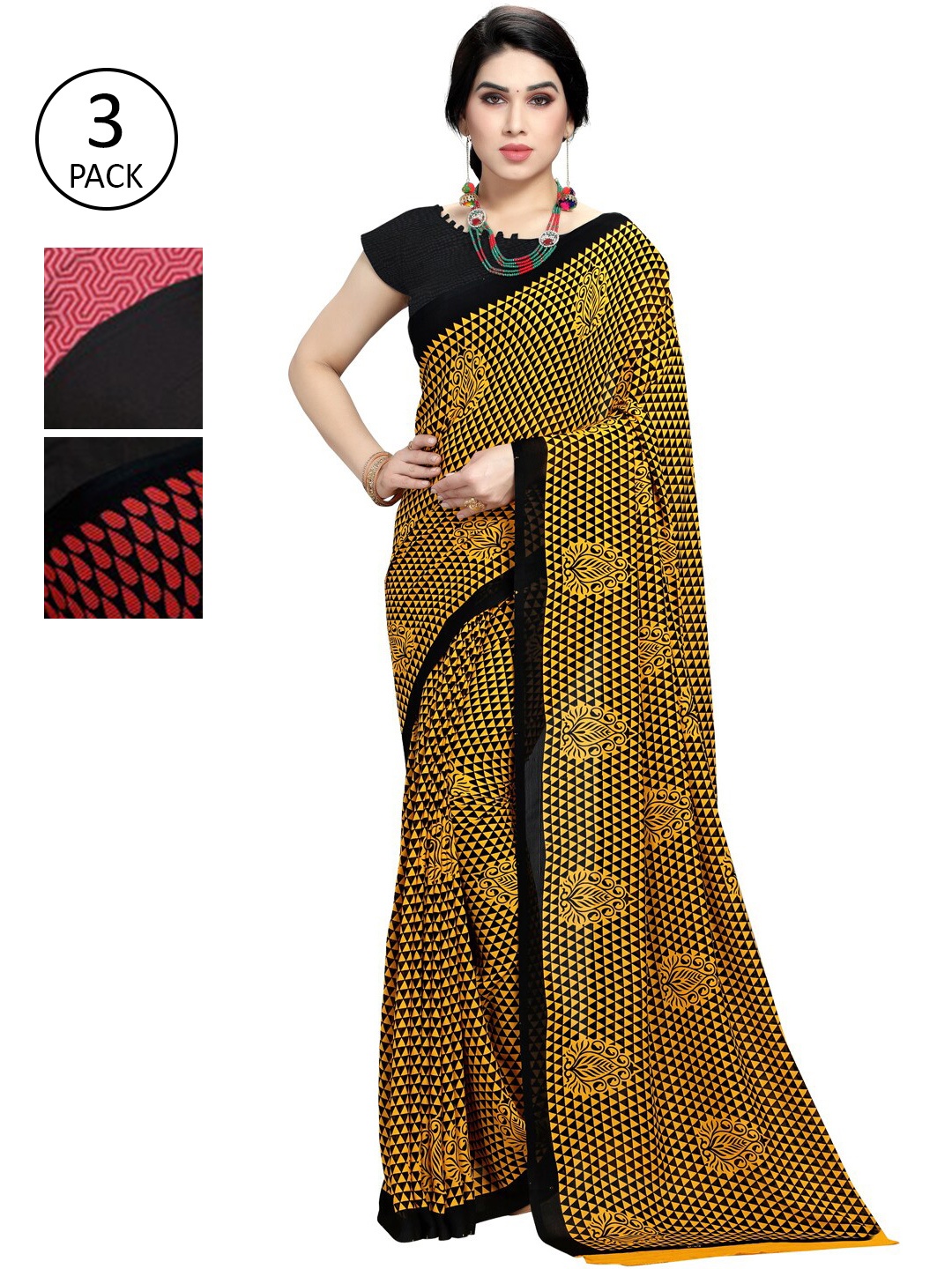 

ANAND SAREES Pack of 3 Yellow & Red Printed Poly Georgette Sarees
