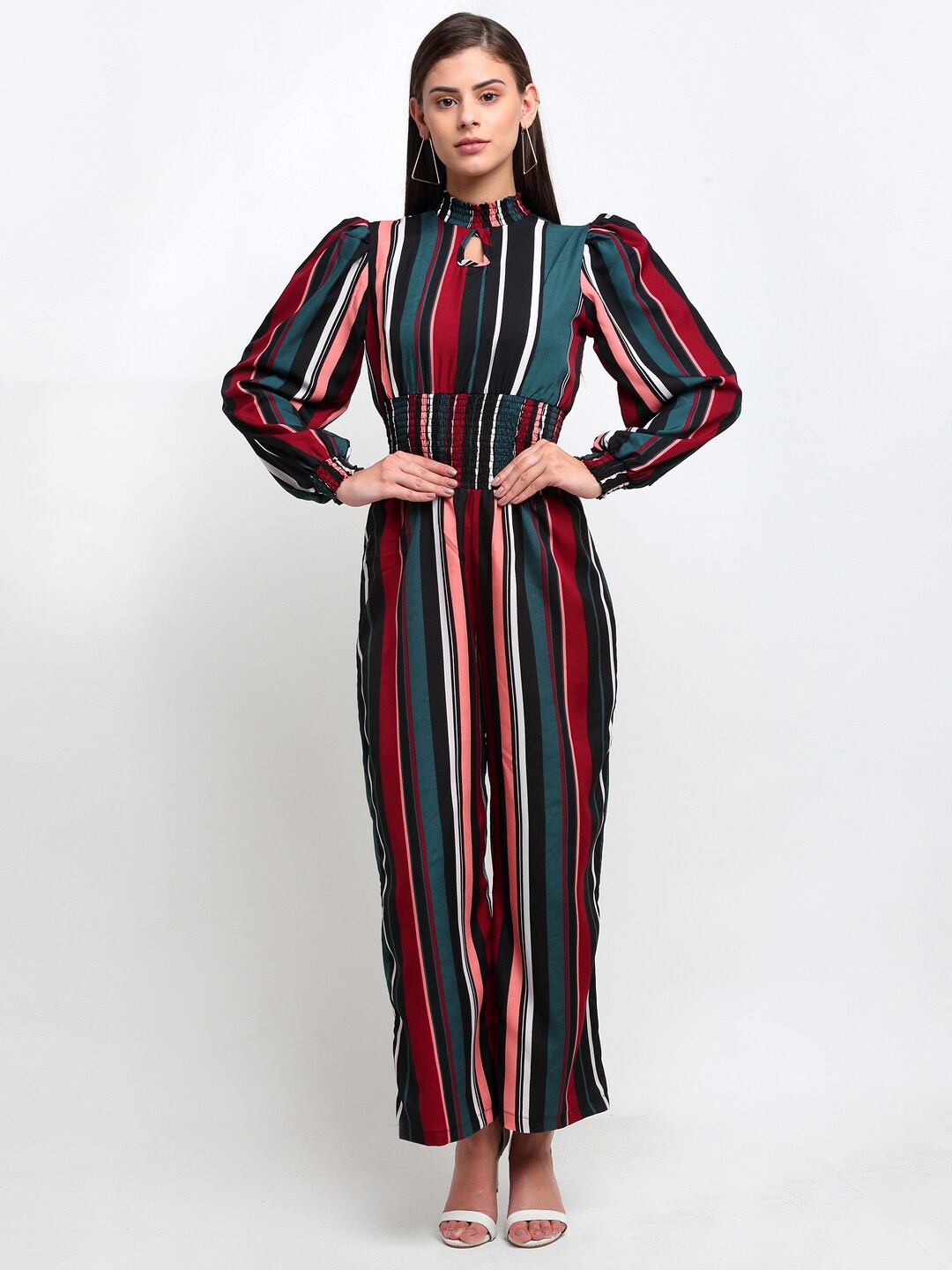 

emeros Women Teal & Magenta Striped Smocking-Detail Basic Jumpsuit