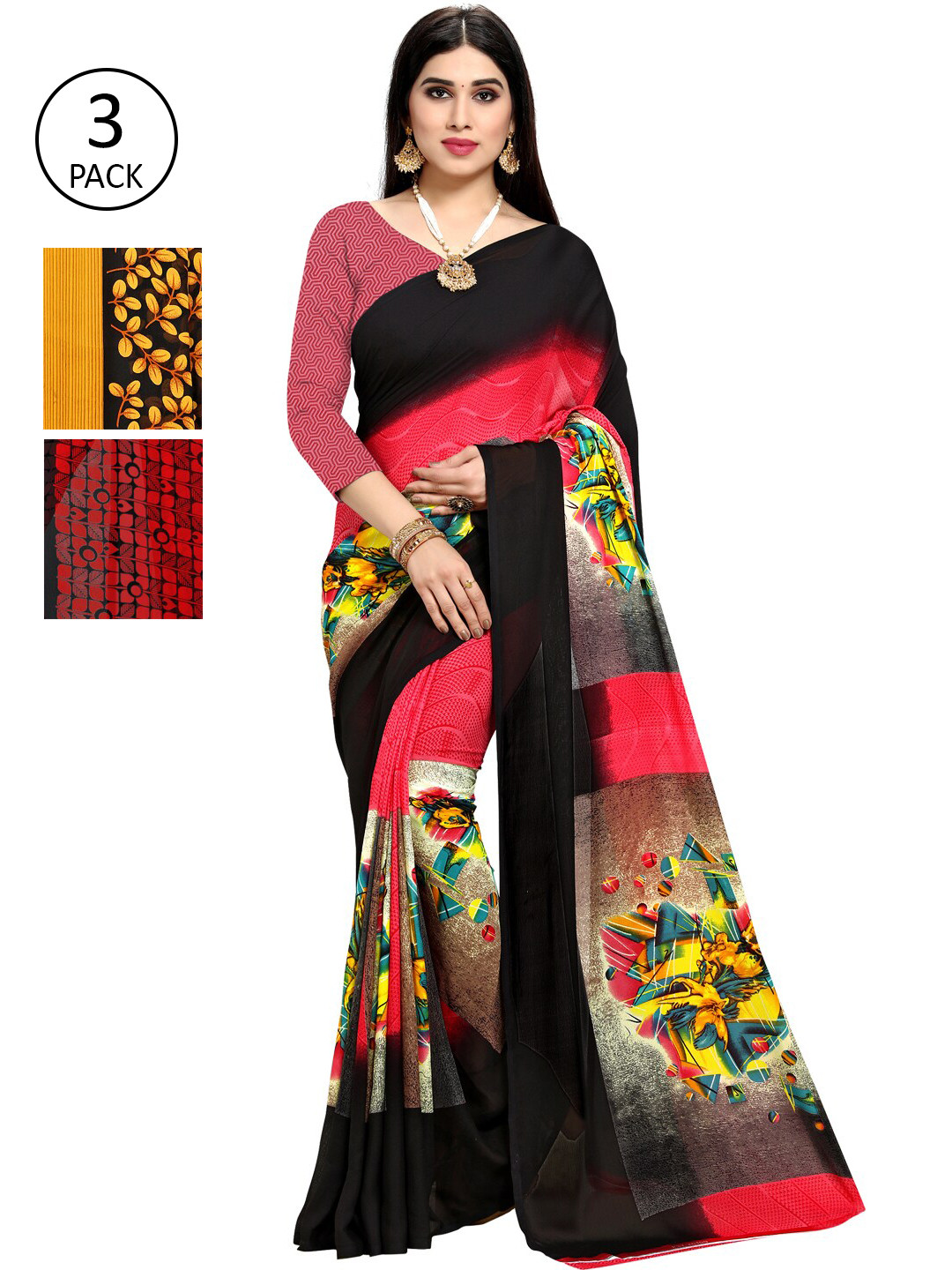 

KALINI Pack Of 3 Printed Sarees, Black