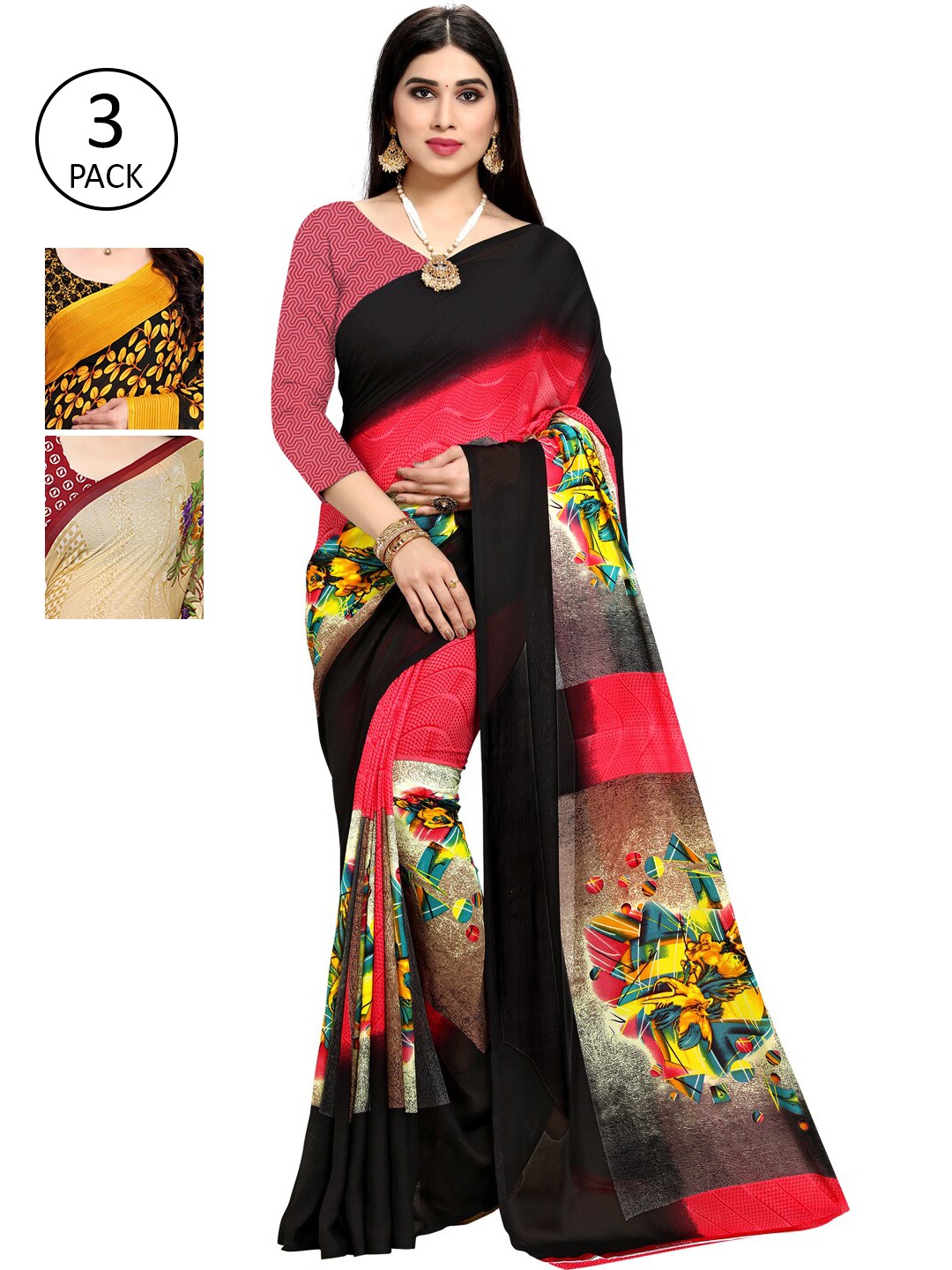 

KALINI Pack Of 3 Multicoloured Printed Sarees, Yellow